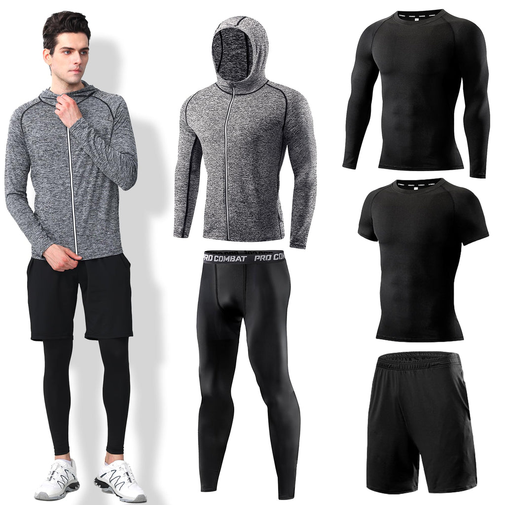 Compression T-shirt Long/Short Shorts Leggings Tights Hooded Grey-XS